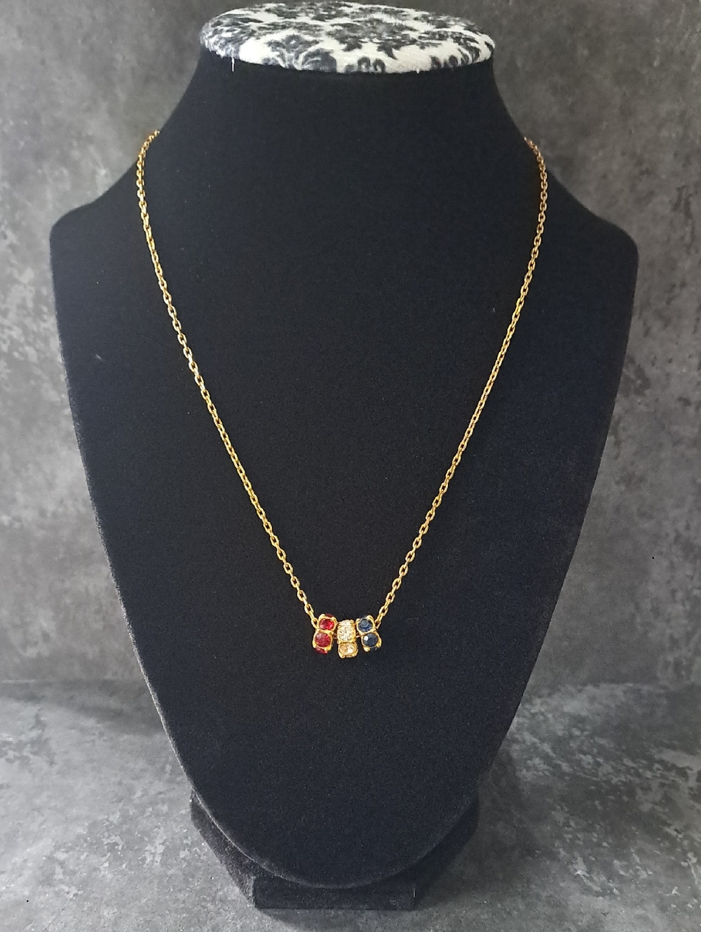 Vintage Gold Tone Slider Necklace with Red, Clear and Blue Crystal Accents